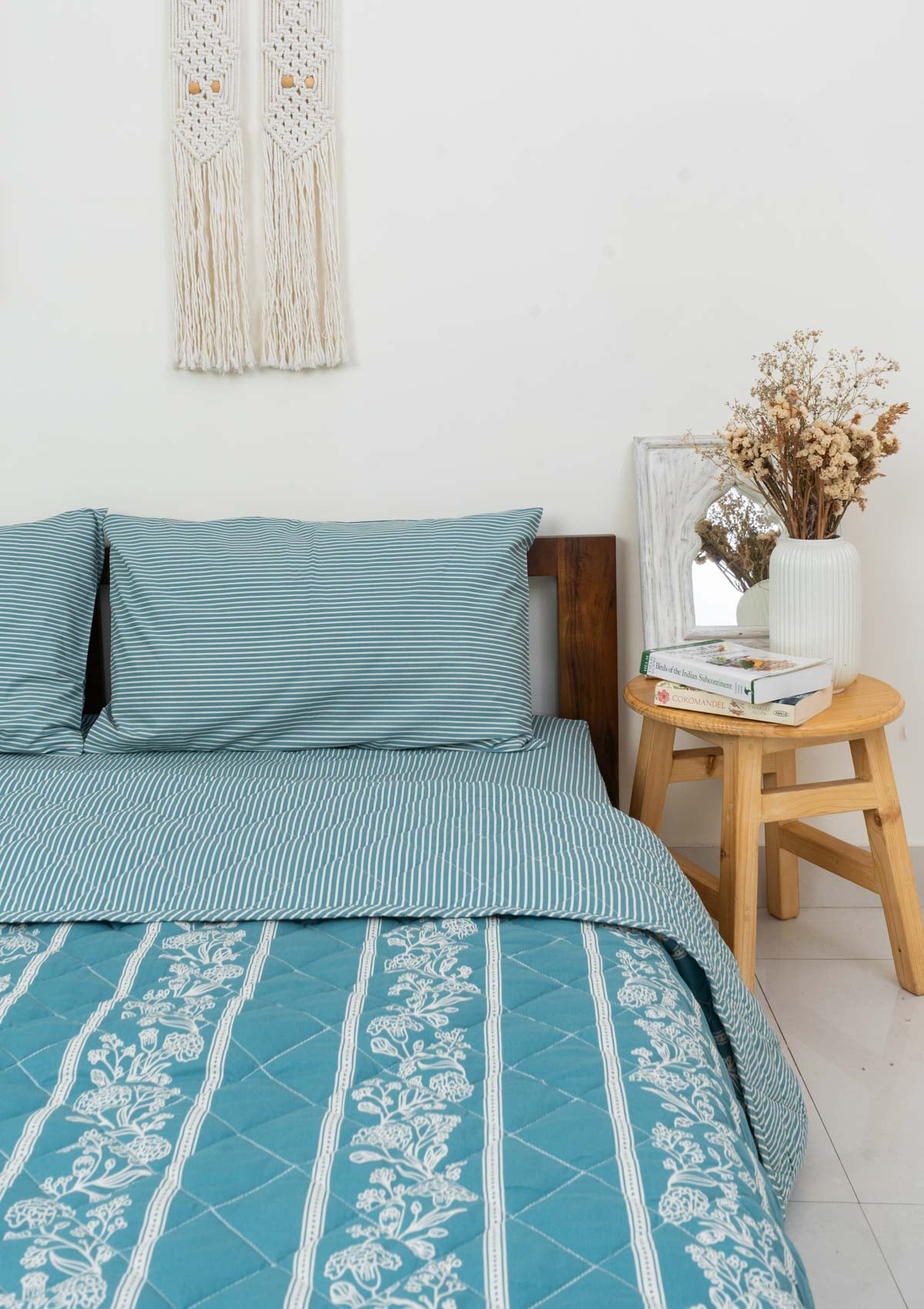 Regal Affair floral design and turqoise stripes printed Reversible Quilt with 100% cotton cover - Turquoise