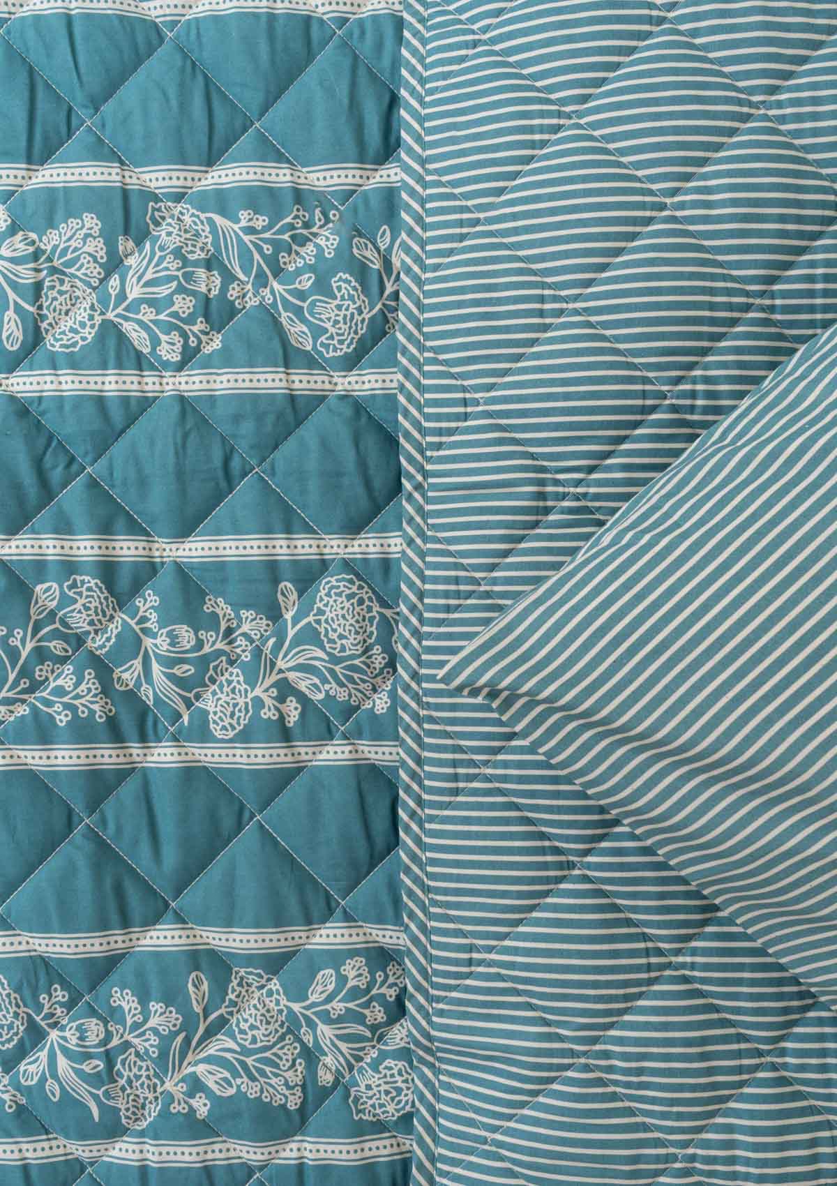 Regal Affair floral design and turqoise stripes printed Reversible Quilt with 100% cotton cover - Turquoise