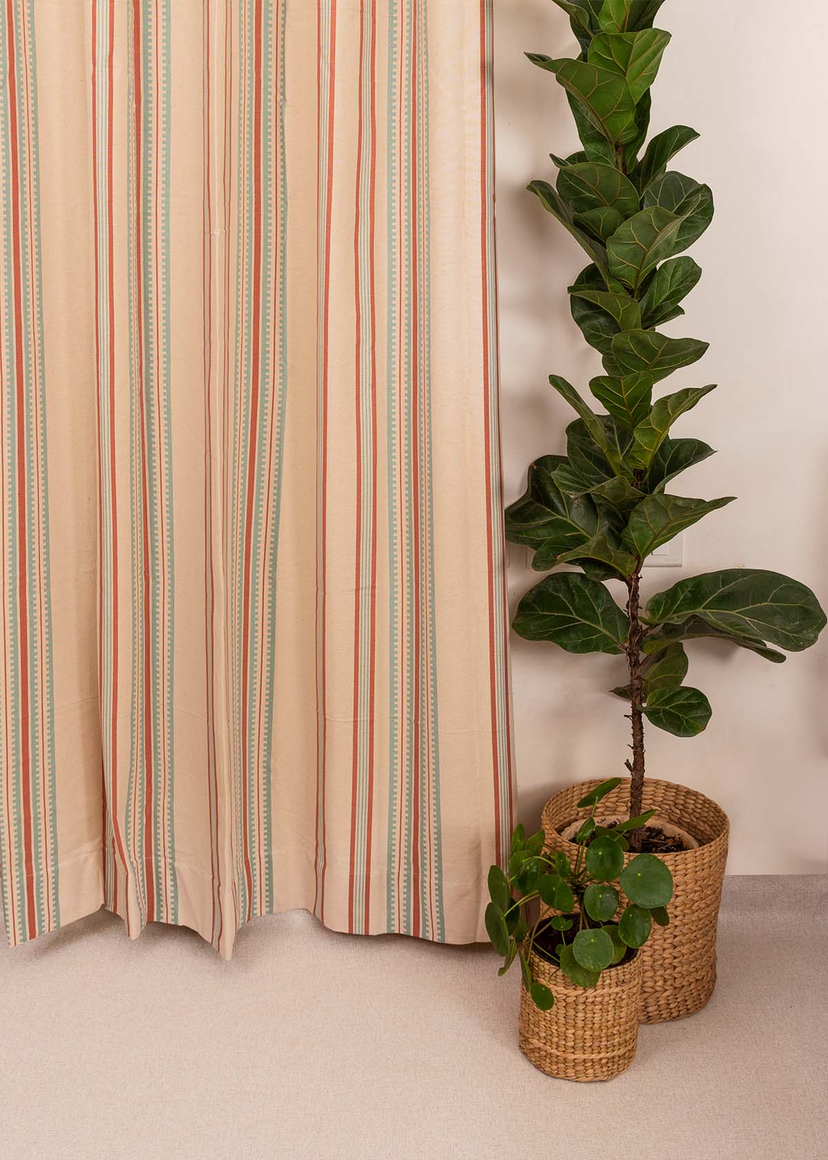 Roman Stripes geometric prints 100% cotton curtain for Living Room and Bed Room - Room darkening - Multicolor, Green - Single Panel