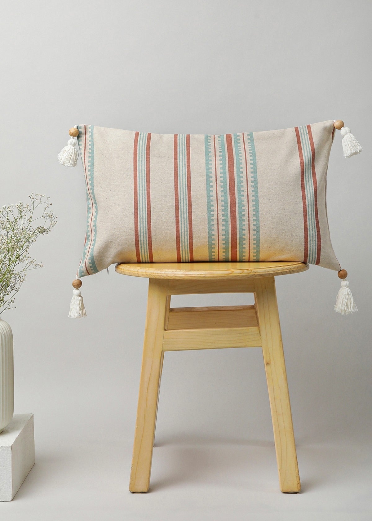 Roman Stripes geometric prints with wooden tassle 100% cotton cushion cover for sofa - Multicolor