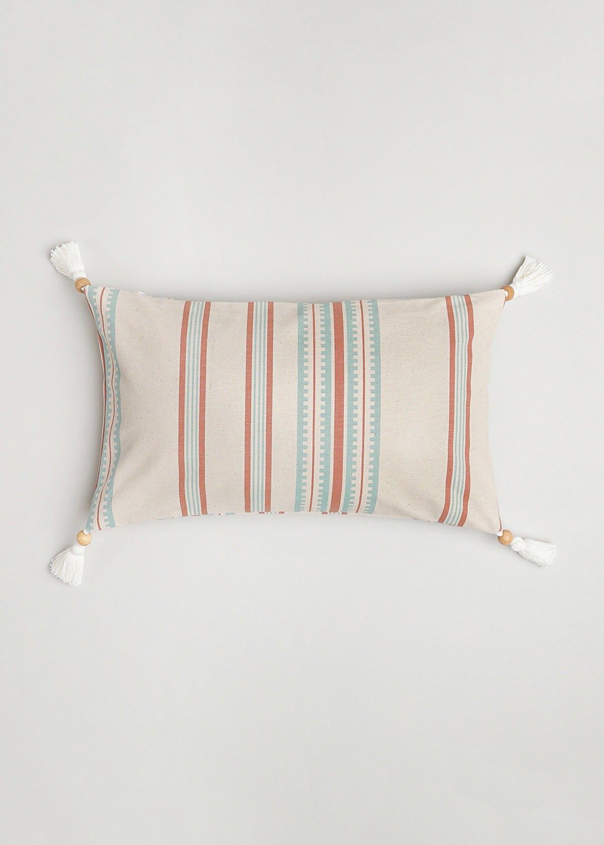 Roman Stripes geometric prints with wooden tassle 100% cotton cushion cover for sofa - Multicolor