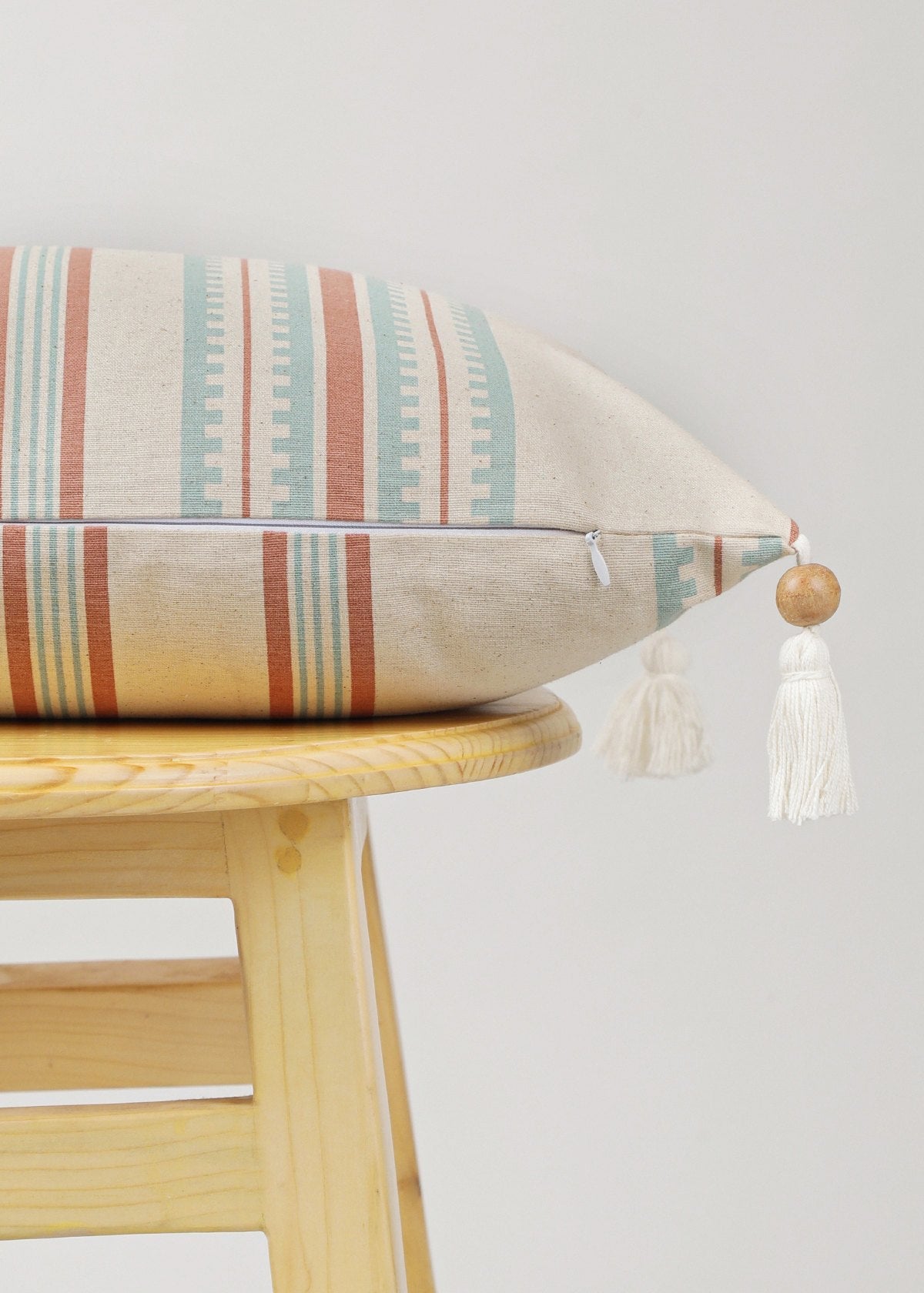 Roman Stripes geometric prints with wooden tassle 100% cotton cushion cover for sofa - Multicolor