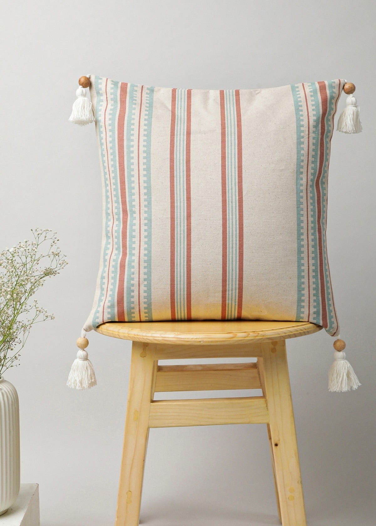 Roman Stripes geometric prints with wooden tassle 100% cotton cushion cover for sofa - Multicolor