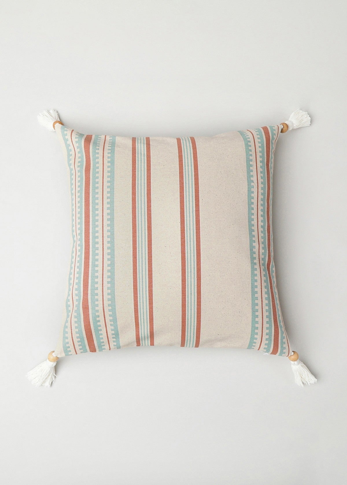 Roman Stripes geometric prints with wooden tassle 100% cotton cushion cover for sofa - Multicolor