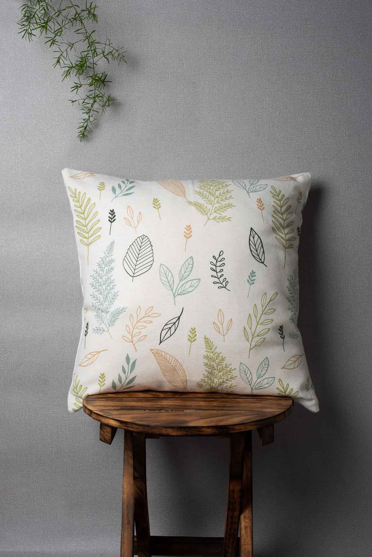 Rustling Leaves floral prints 100% cotton cushion cover for sofa - Green, Multicolor