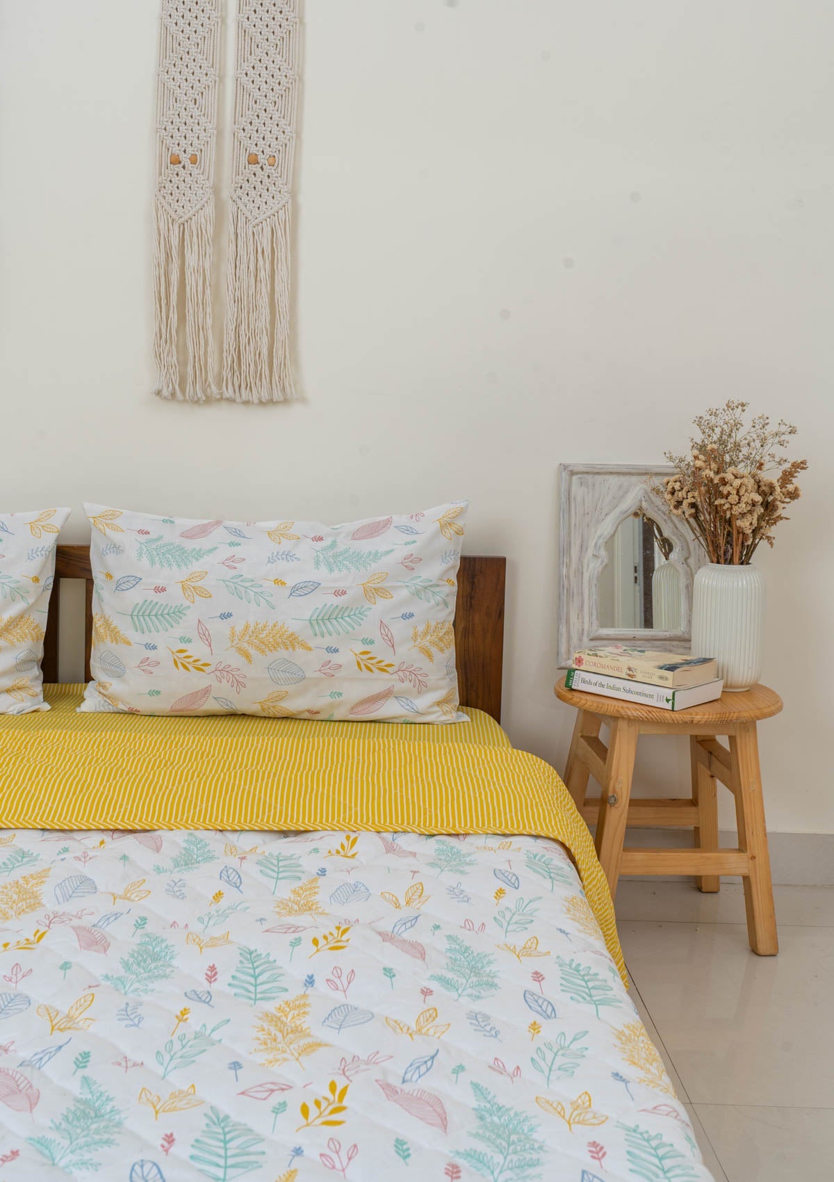Rustling Leaves in Many Hues and Yellow Stripes Reversible Quilt 100% cotton cover with pillow covers - Multicolor