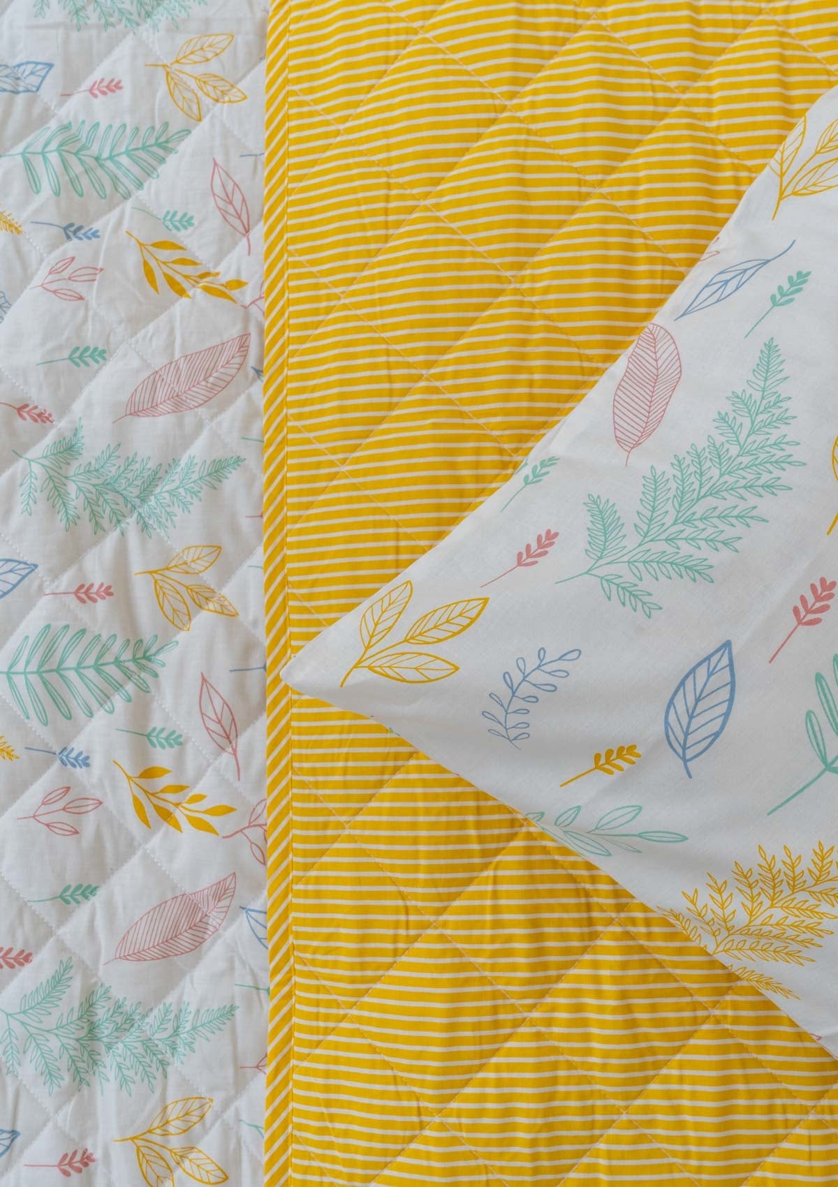 Rustling Leaves in Many Hues and Yellow Stripes Reversible Quilt 100% cotton cover with pillow covers - Multicolor