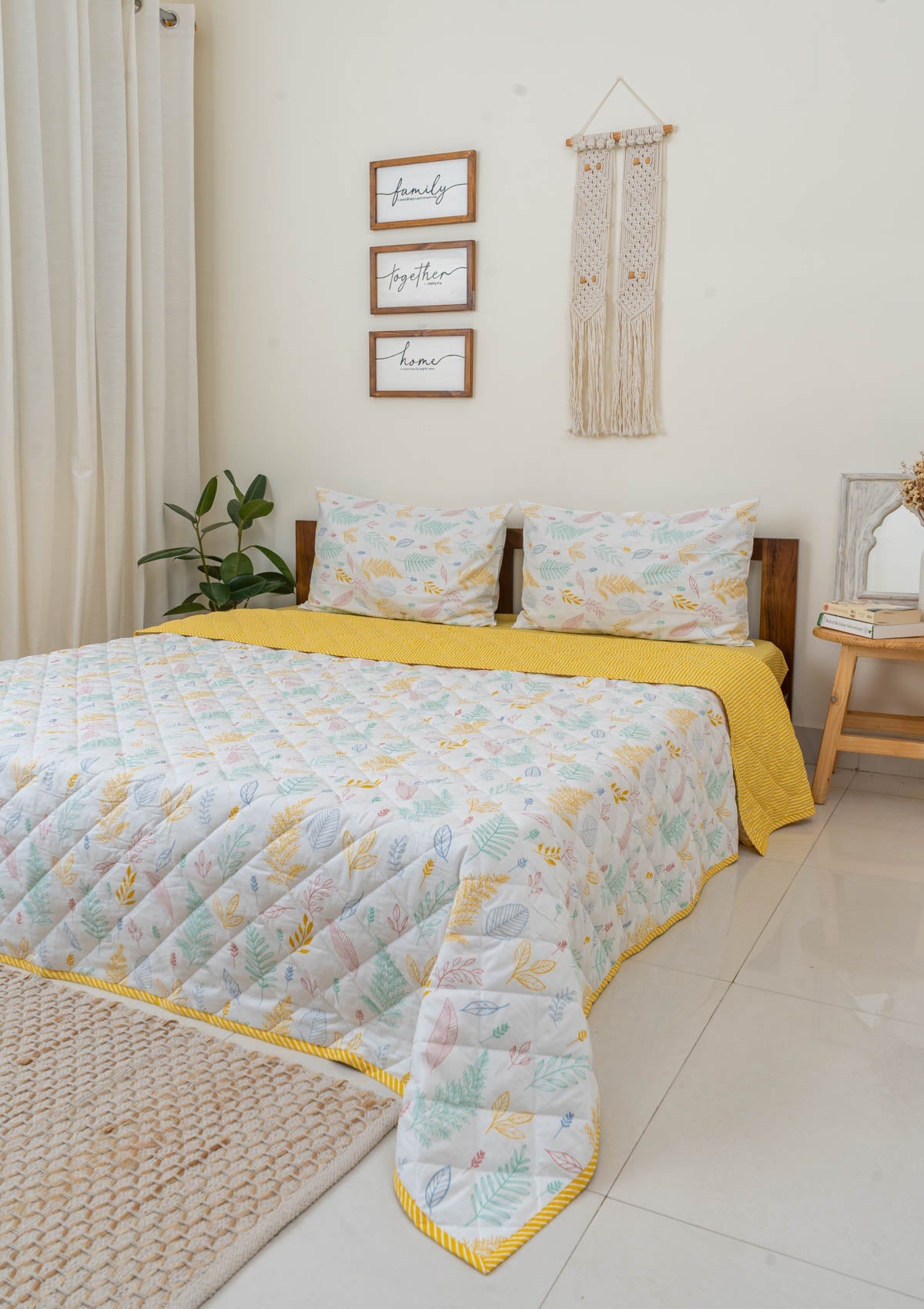 Rustling Leaves in Many Hues and Yellow Stripes Reversible Quilt 100% cotton cover with pillow covers - Multicolor