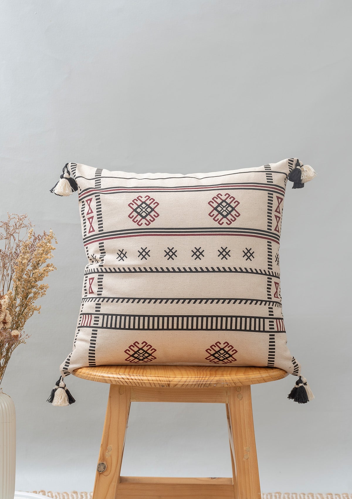 Saga boho geometric prints with tassles 100% cotton cushion cover for sofa - Black