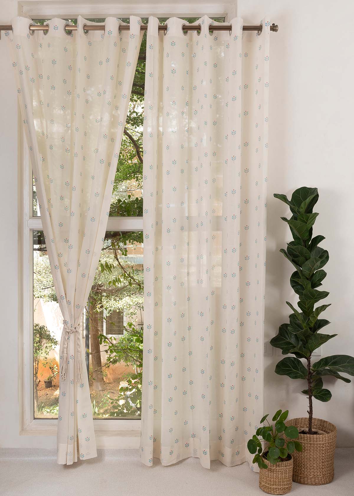 Sapling floral prints 100% Cotton Sheer curtain for Living room - Light filtering - Nile Blue, Yellow  - Single Panel