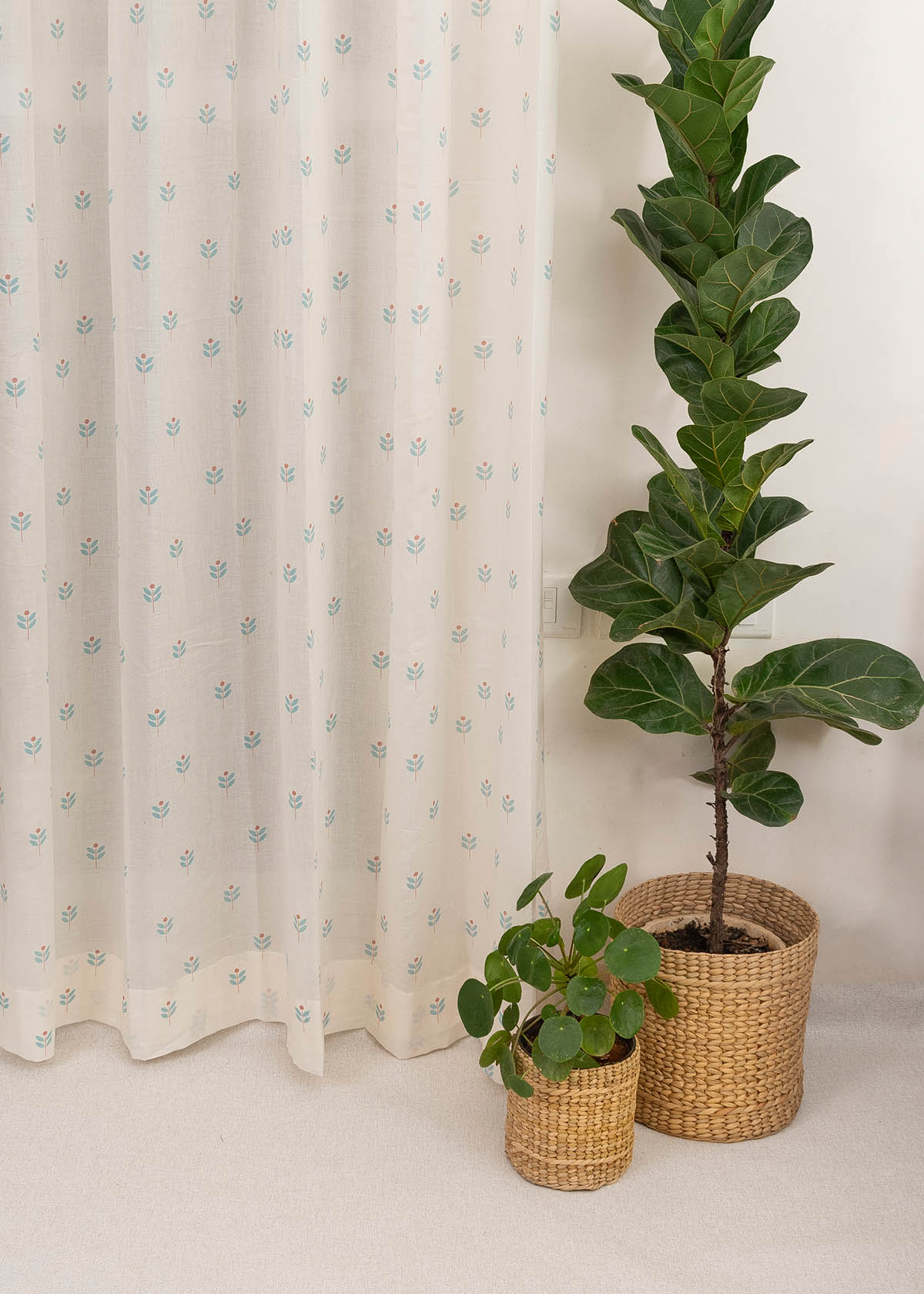 Sapling 100% Customizable Cotton Sheer floral curtain for Living room - Light filtering - Nile Blue