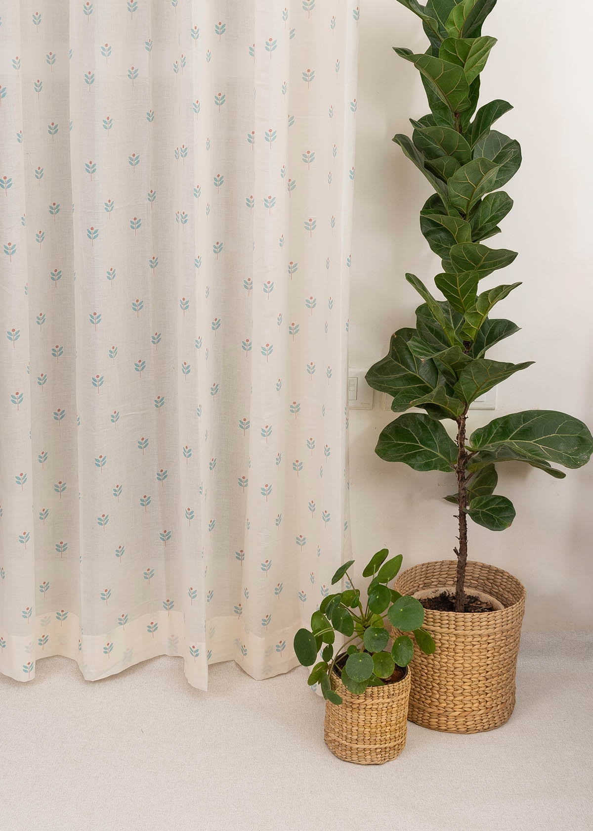 Sapling floral prints 100% Cotton Sheer curtain for Living room - Light filtering - Nile Blue, Yellow  - Single Panel