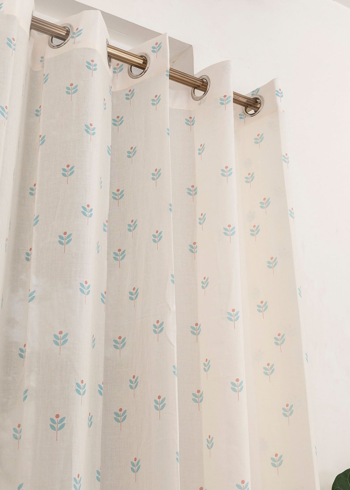 Sapling floral prints 100% Cotton Sheer curtain for Living room - Light filtering - Nile Blue, Yellow  - Single Panel