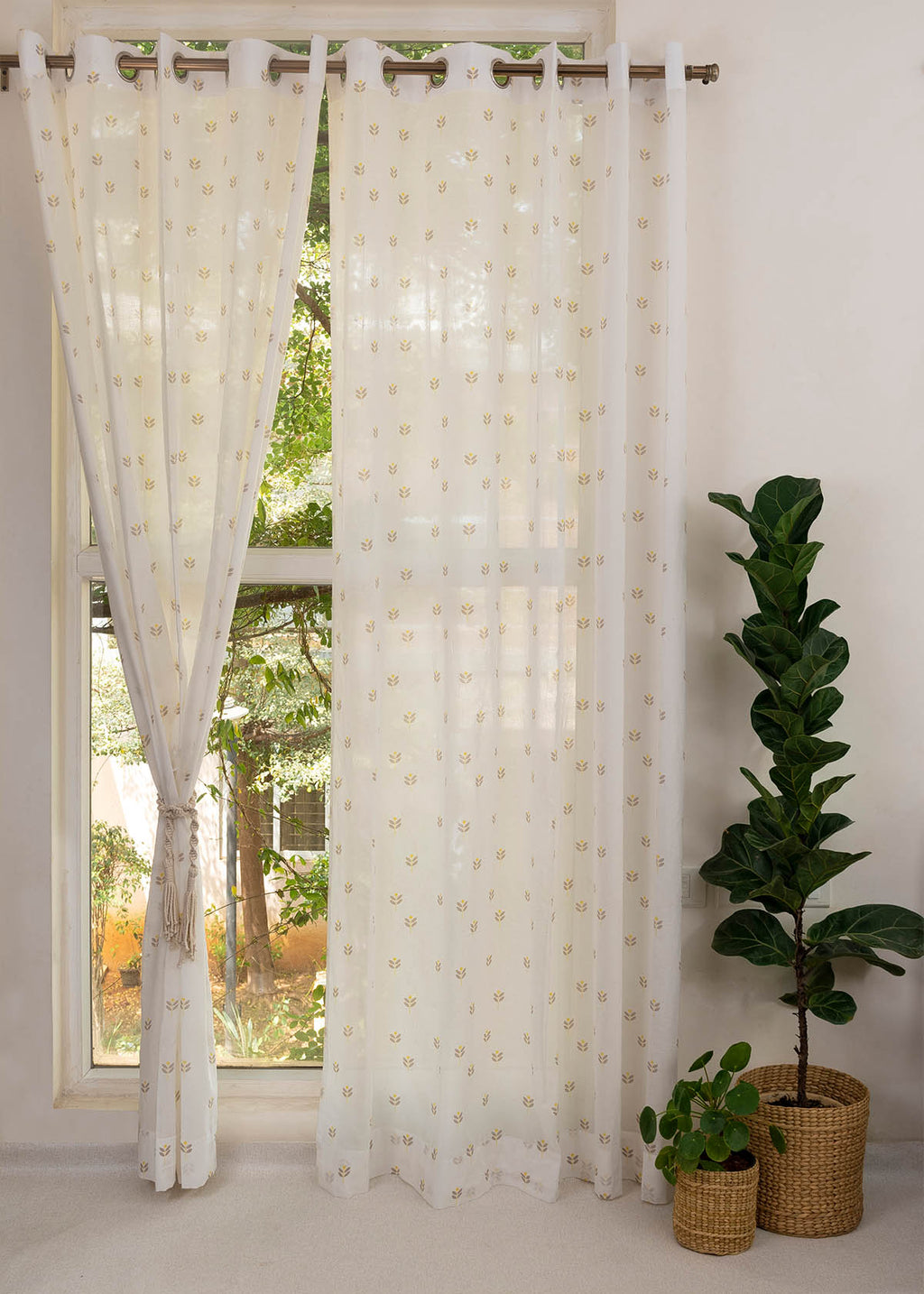 Sapling floral prints 100% Cotton Sheer curtain for Living room - Light filtering - Nile Blue, Yellow  - Single Panel