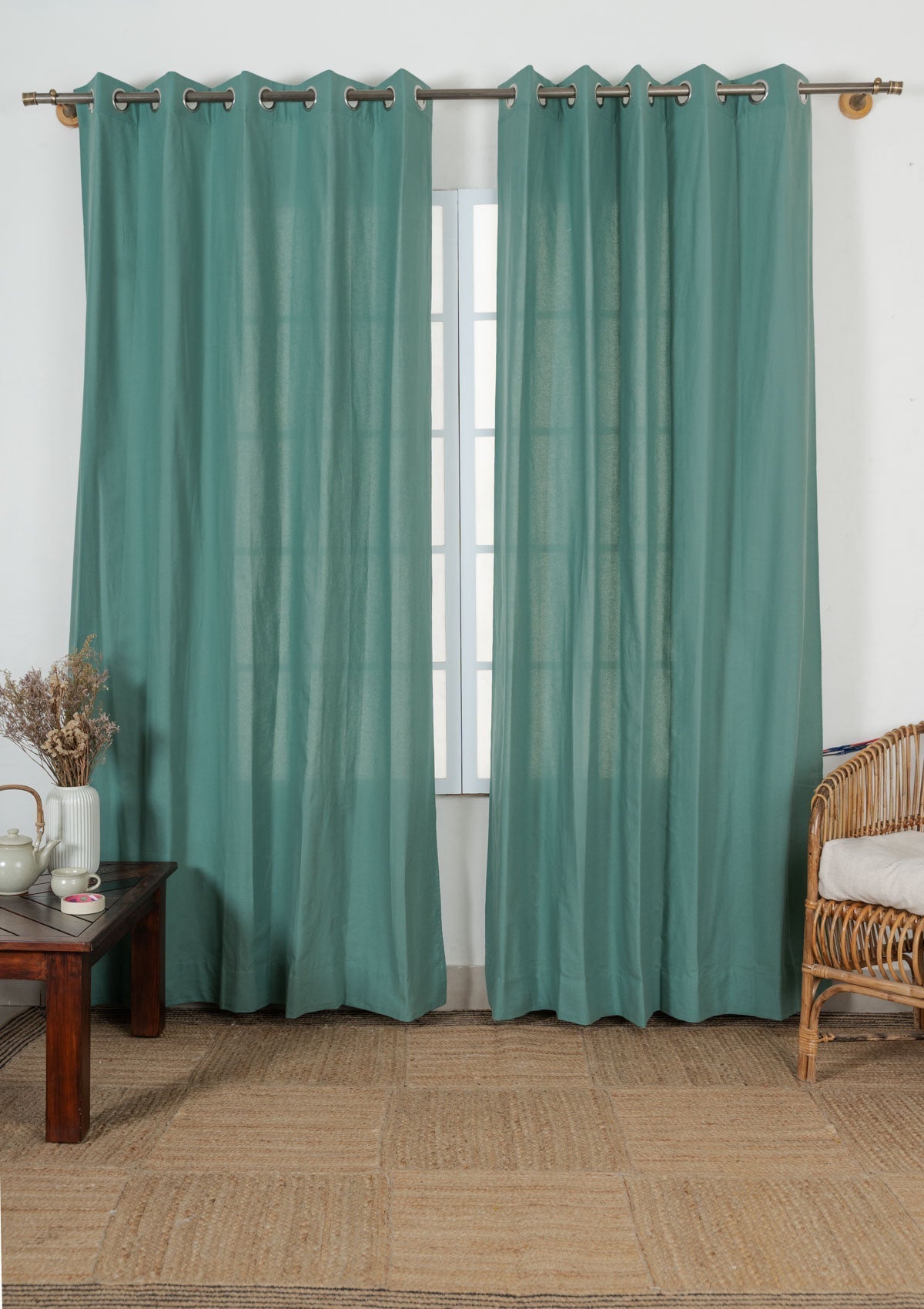 Solid aqua blue 100% cotton plain customisable curtain for bedroom - Room darkening