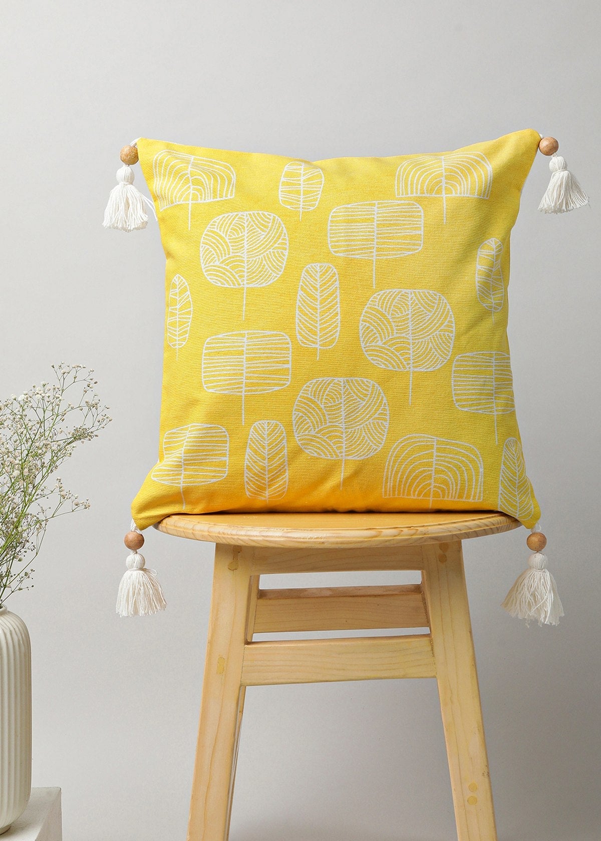 Spring Forest prints with wooden tassle 100% cotton cushion cover for sofa - Yellow