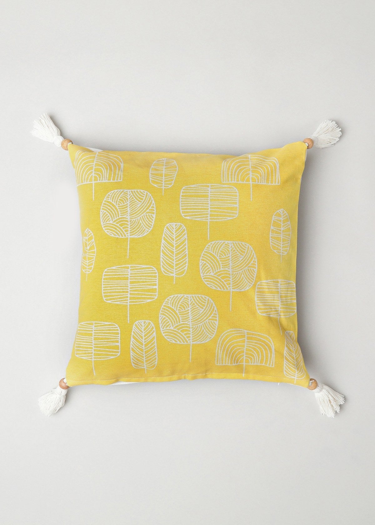 Spring Forest prints with wooden tassle 100% cotton cushion cover for sofa - Yellow