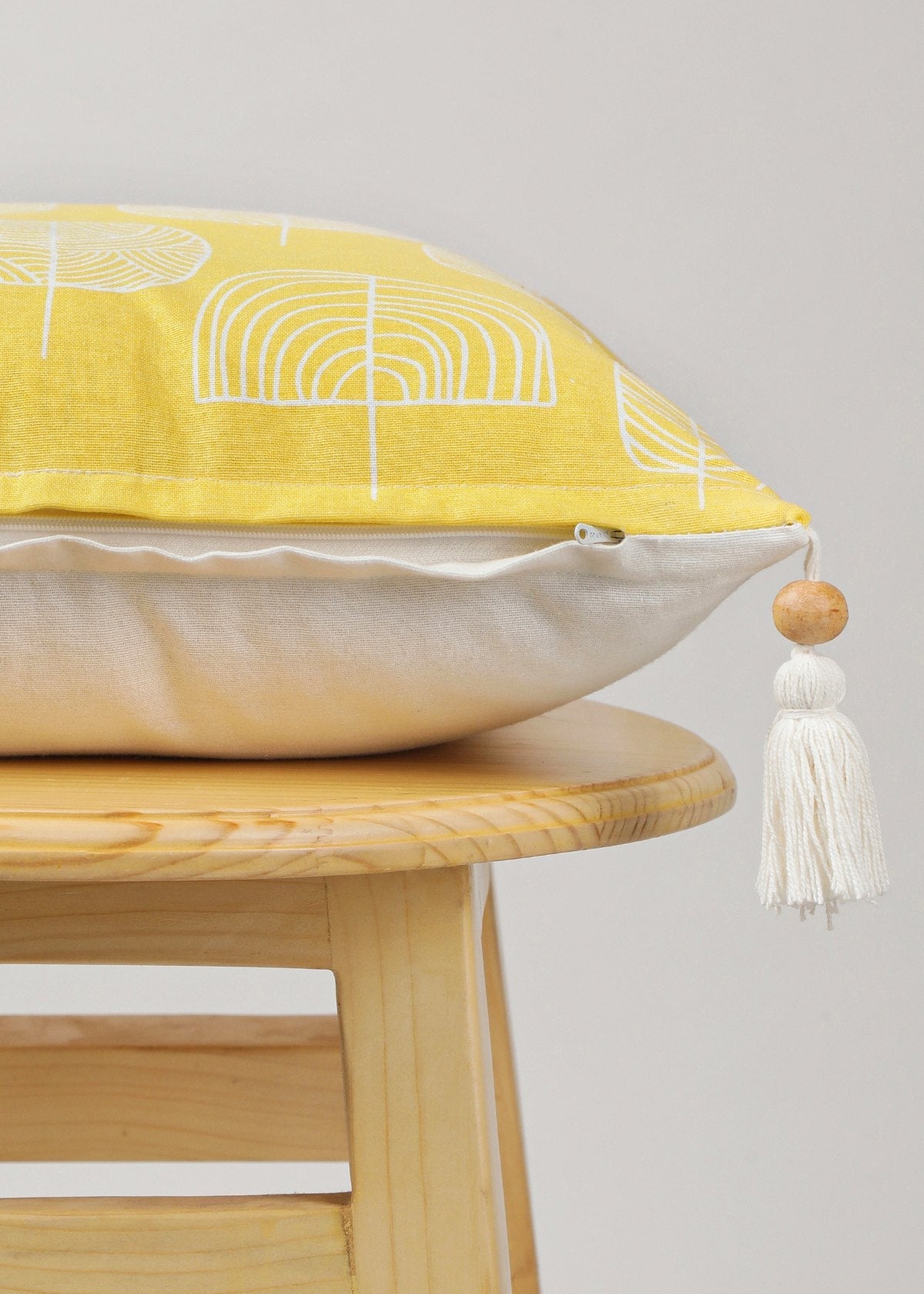 Spring Forest prints with wooden tassle 100% cotton cushion cover for sofa - Yellow