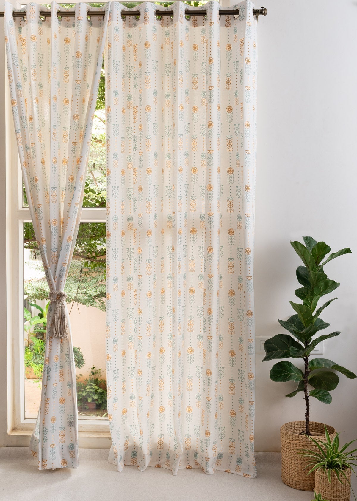 Wild Bouquet floral printed 100% cotton curtain for Living room & bed room - Room darkening - Corn Yellow - Single Panel