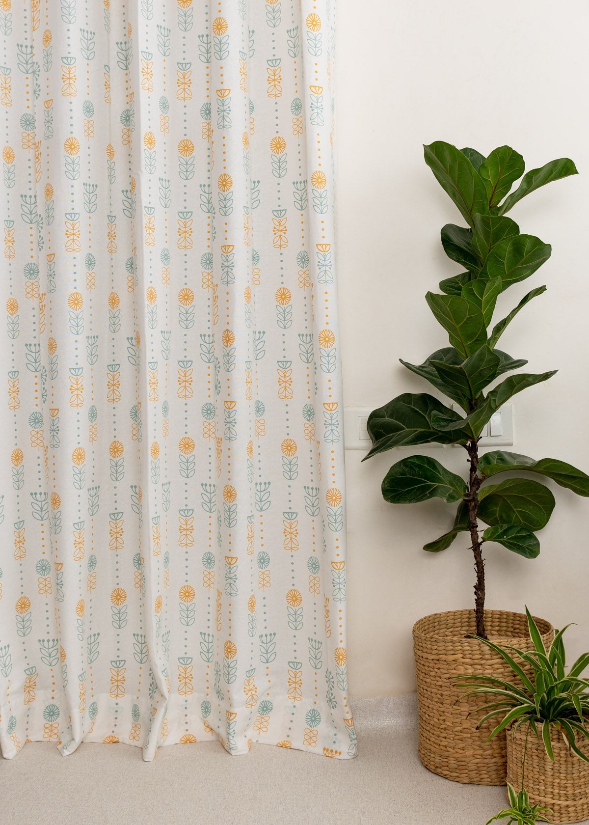 Wild Bouquet floral printed 100% cotton curtain for Living room & bed room - Room darkening - Corn Yellow - Single Panel
