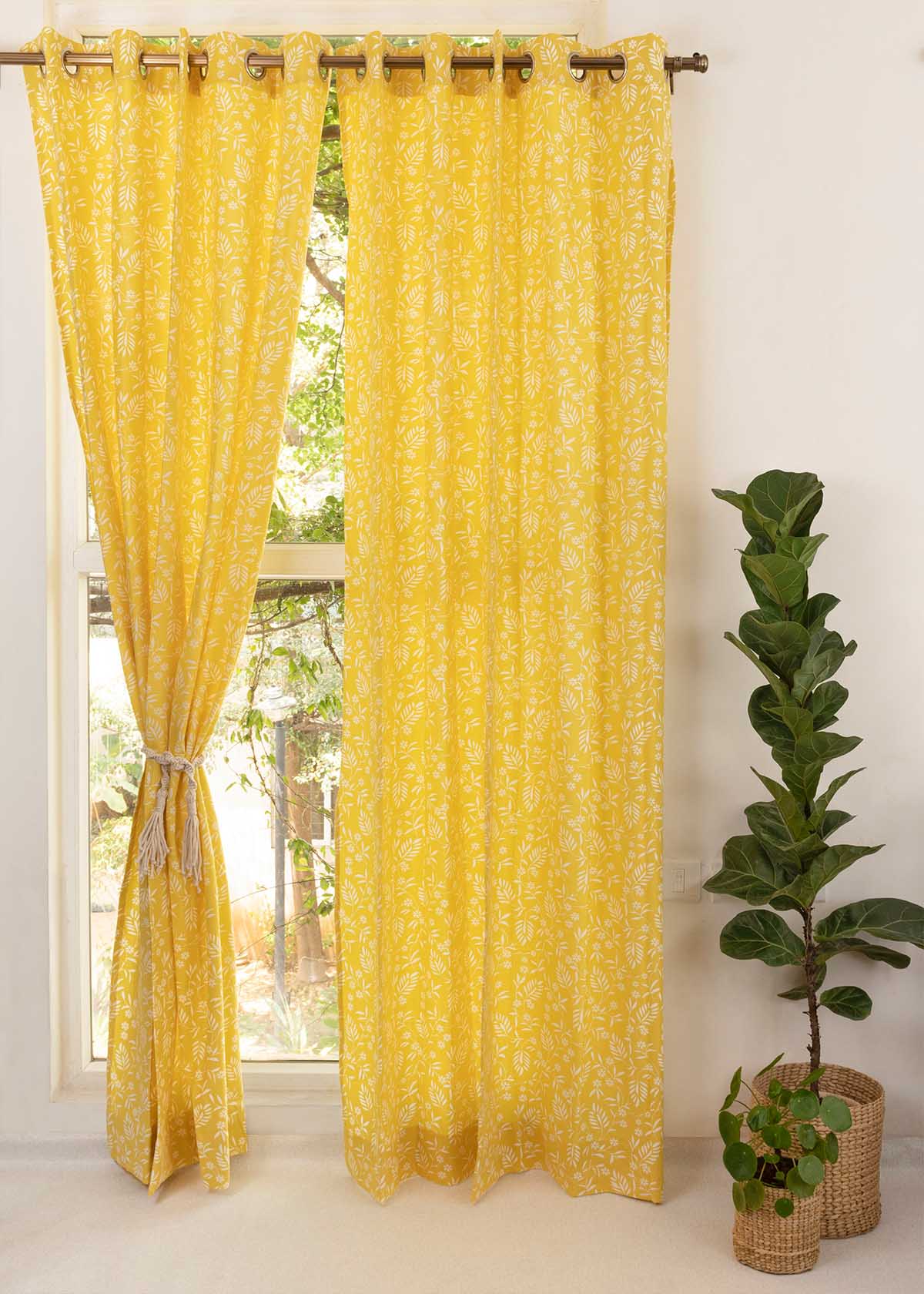 Yellow Daisy floral printed 100% cotton curtain for kids room, living room & bed room - Room darkening - Single Panel