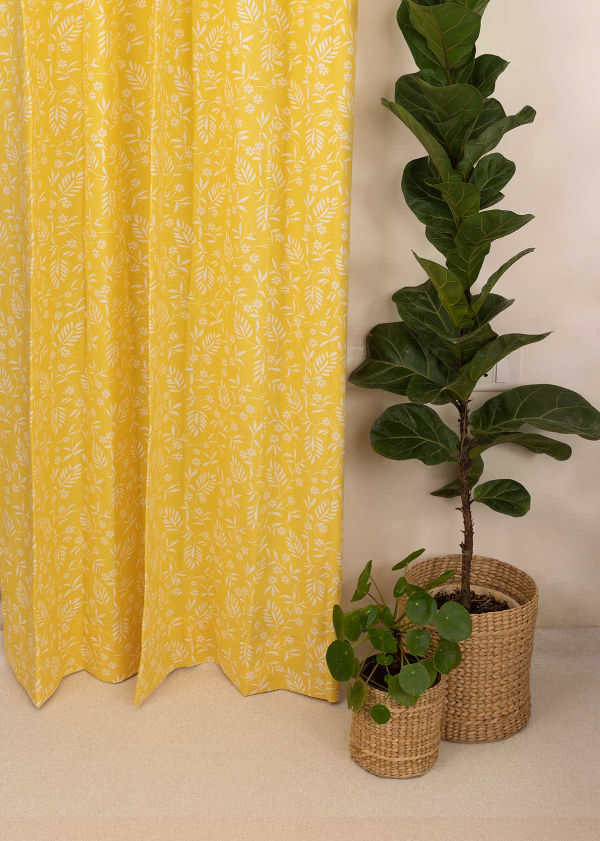 Yellow Daisy floral printed 100% cotton curtain for kids room, living room & bed room - Room darkening - Single Panel
