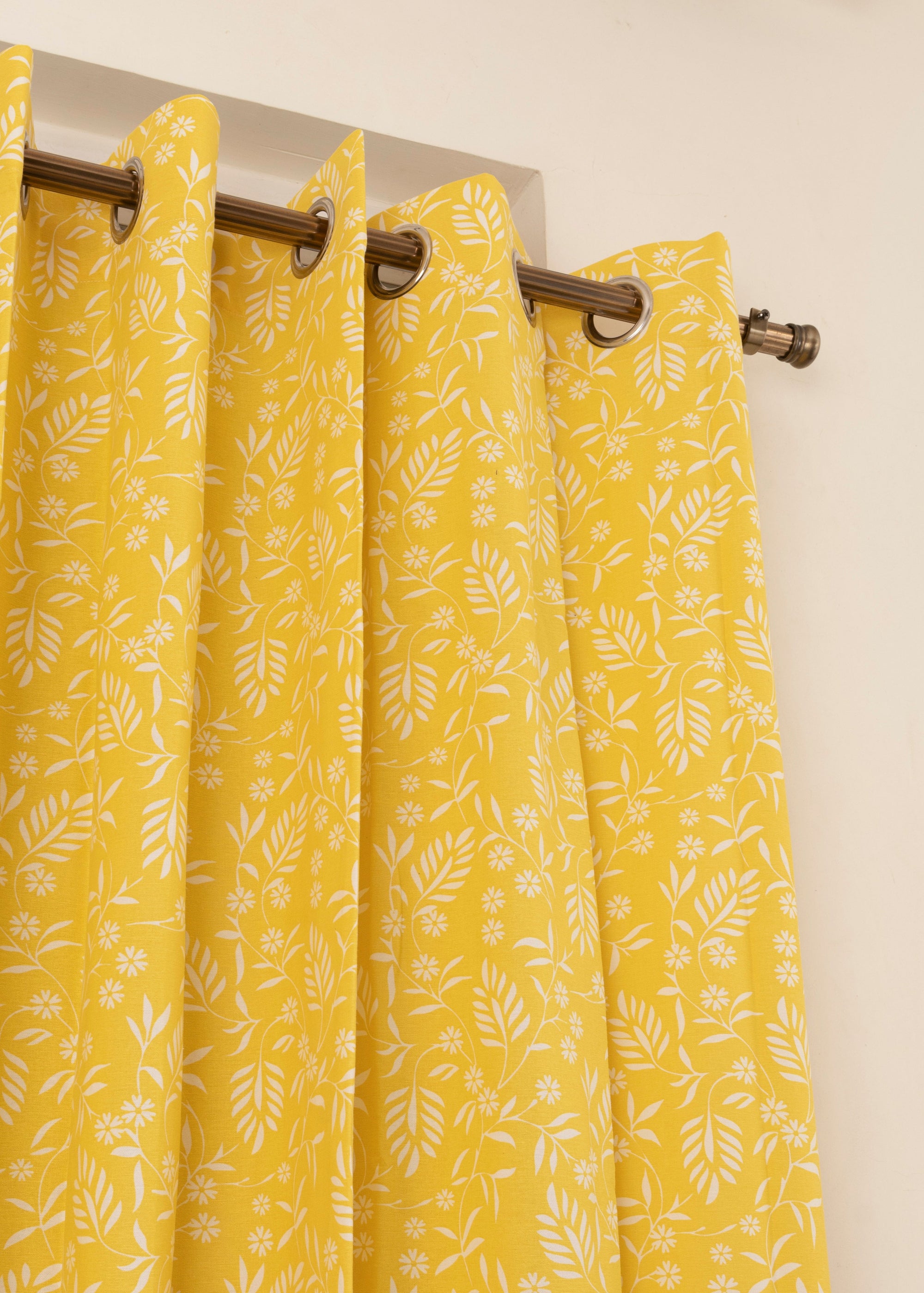 Yellow Daisy floral printed 100% cotton curtain for kids room, living room & bed room - Room darkening - Single Panel