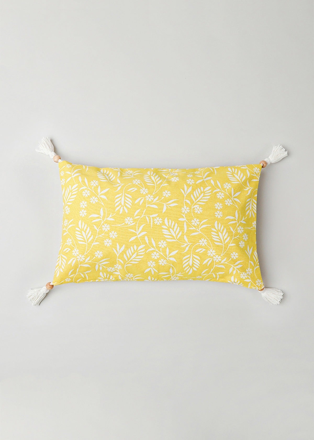 Yellow Daisy floral prints with wooden tassles 100% cotton cushion cover for sofa - Yellow