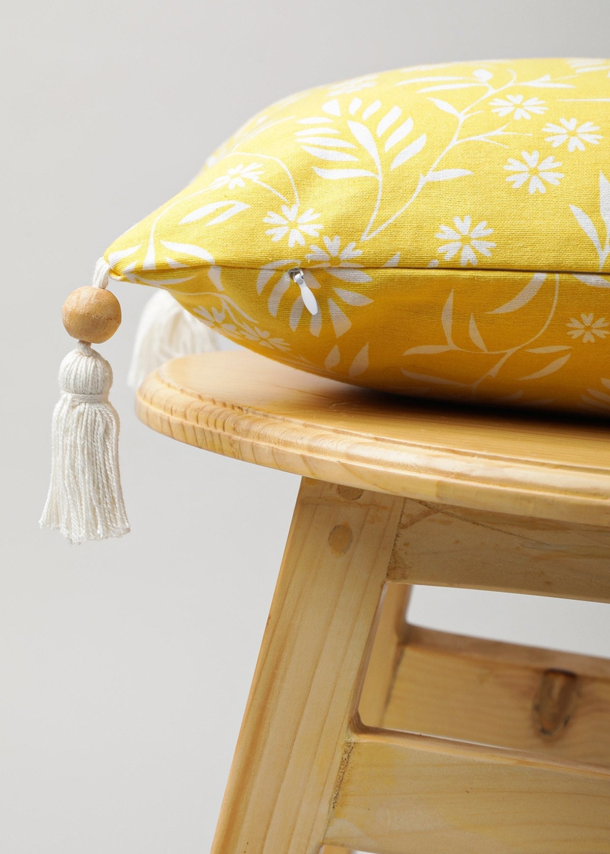 Yellow Daisy floral prints with wooden tassles 100% cotton cushion cover for sofa - Yellow