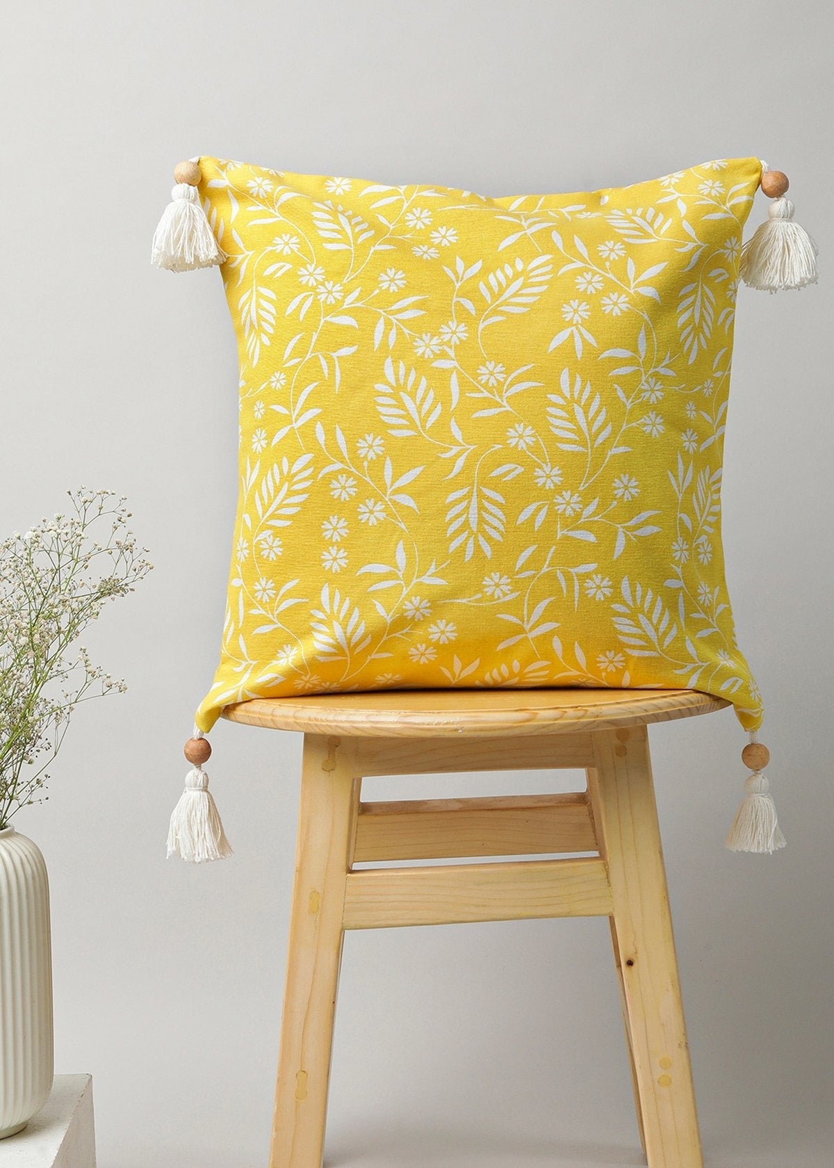 Yellow Daisy floral prints with wooden tassles 100% cotton cushion cover for sofa - Yellow