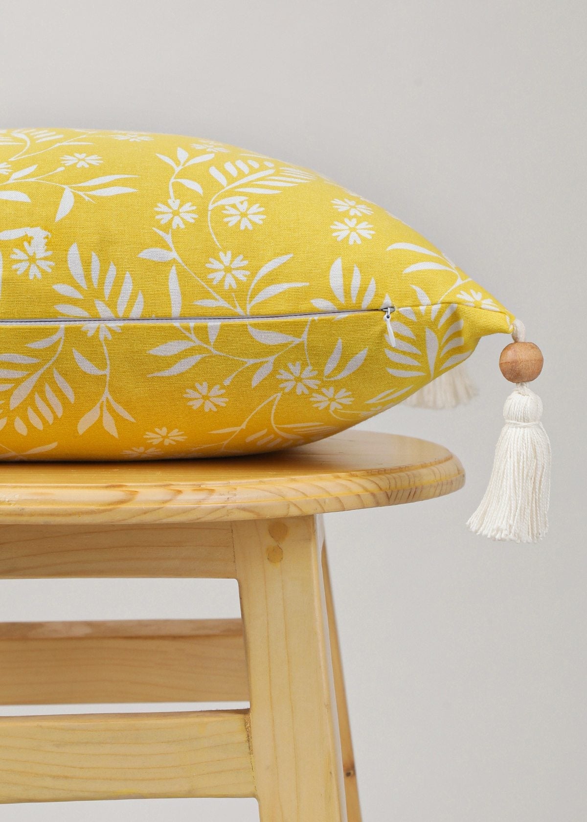 Yellow Daisy floral prints with wooden tassles 100% cotton cushion cover for sofa - Yellow
