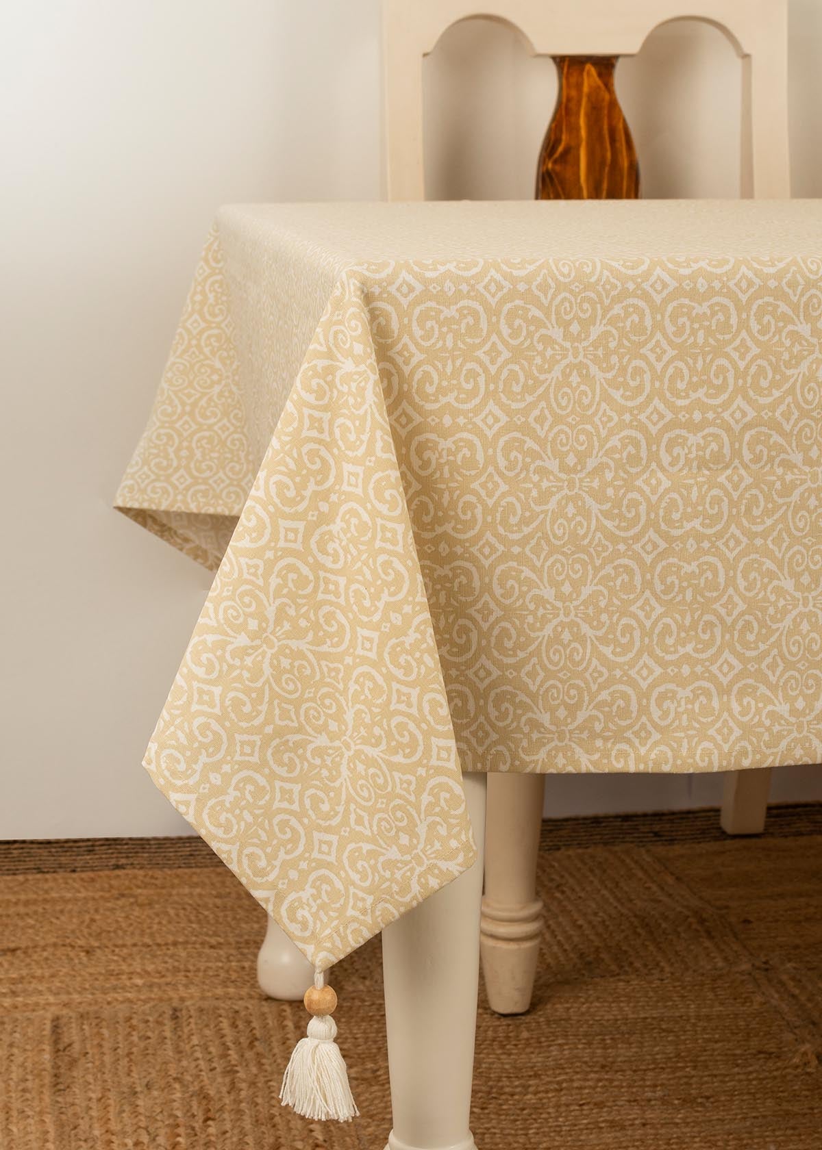 Antique Rose Neutral prints 100% cotton table cloth for 4 seater, 6 seater, 8 seater dining table - Cream
