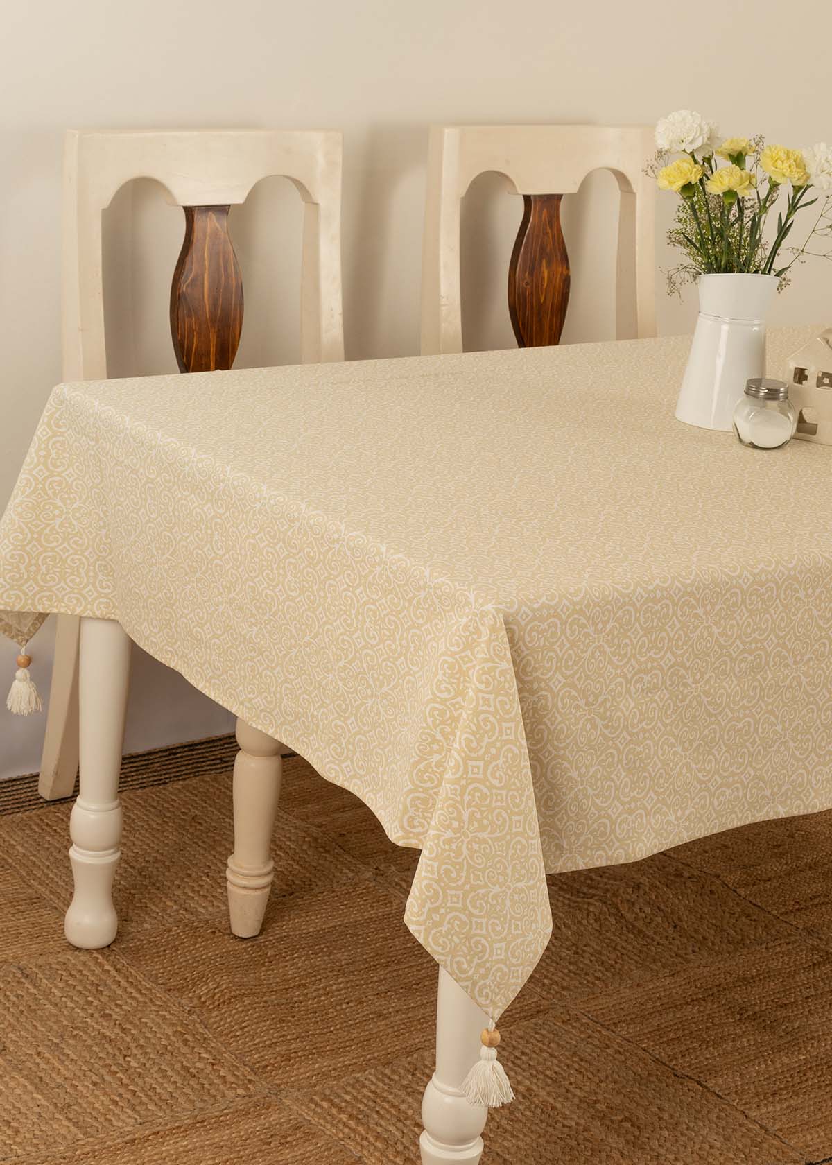 Antique Rose Neutral prints 100% cotton table cloth for 4 seater, 6 seater, 8 seater dining table - Cream