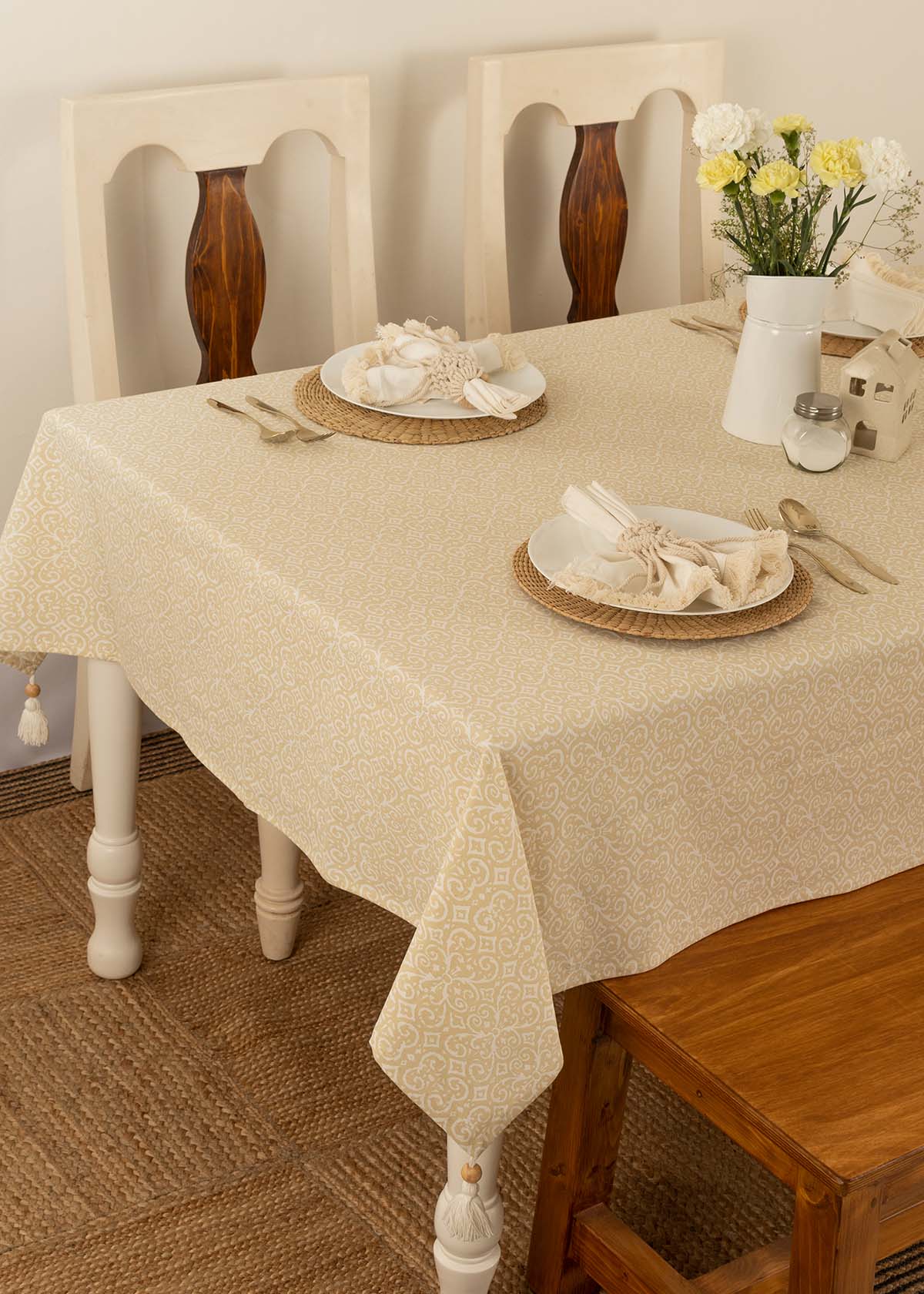 Antique Rose Neutral prints 100% cotton table cloth for 4 seater, 6 seater, 8 seater dining table - Cream