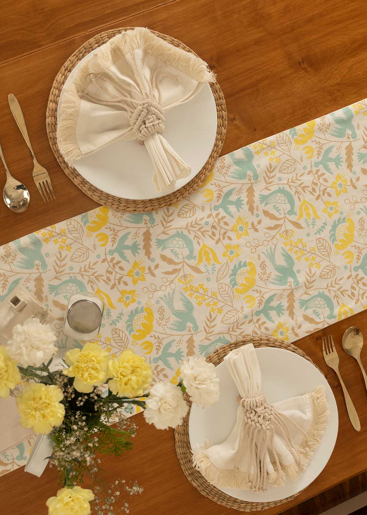 Bird's Paradise 100% cotton elegant table runner for 4 seater or 6 seater Dining with tassels - Yellow