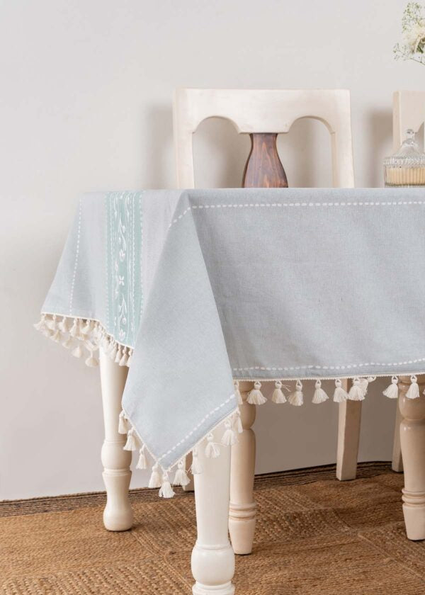 Bloom Bed Neutral Prints with running tassle 100% cotton table cloth for 4 seater & 6 seater dining Table - Blue