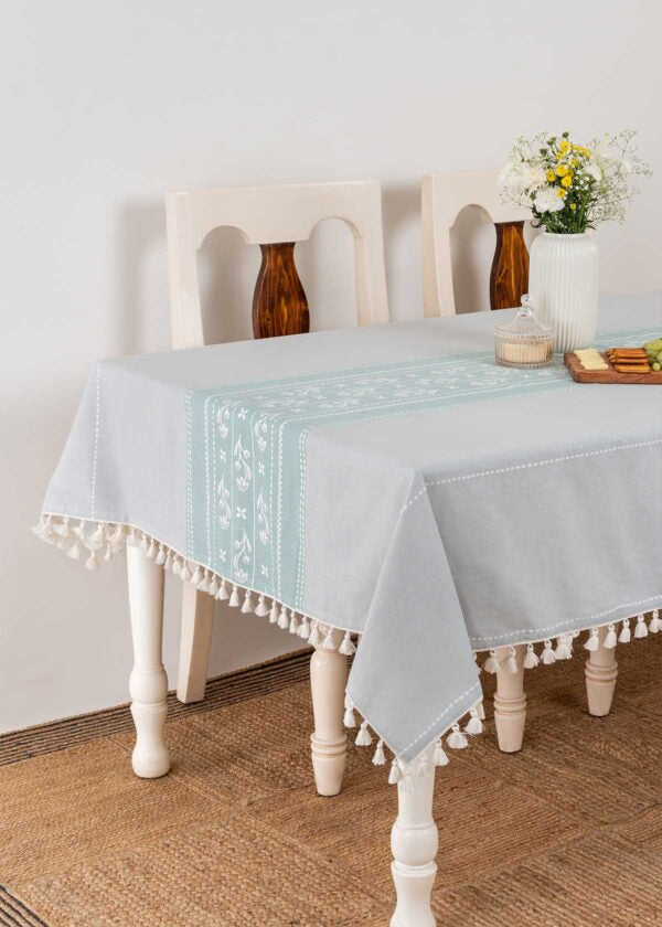 Bloom Bed Neutral Prints with running tassle 100% cotton table cloth for 4 seater & 6 seater dining Table - Blue