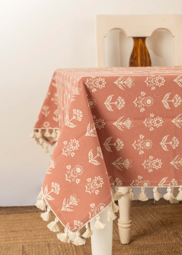 Dahlia floral prints with running tassle 100% cotton table cloth for 4 seater, 6 seater, 8 seater dining table - Mustard, Nile Blue, Rust