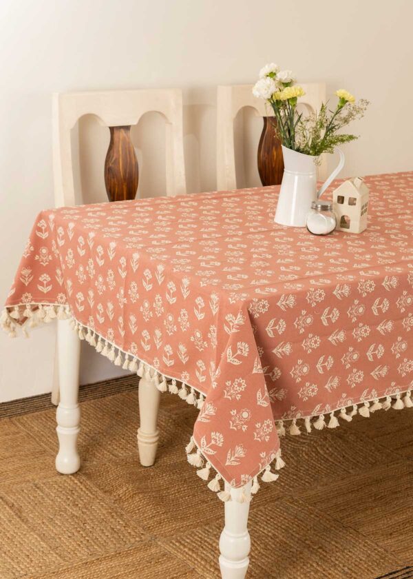 Dahlia floral prints with running tassle 100% cotton table cloth for 4 seater, 6 seater, 8 seater dining table - Mustard, Nile Blue, Rust