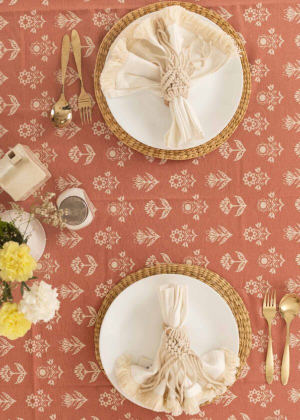 Dahlia floral prints with running tassle 100% cotton table cloth for 4 seater, 6 seater, 8 seater dining table - Mustard, Nile Blue, Rust