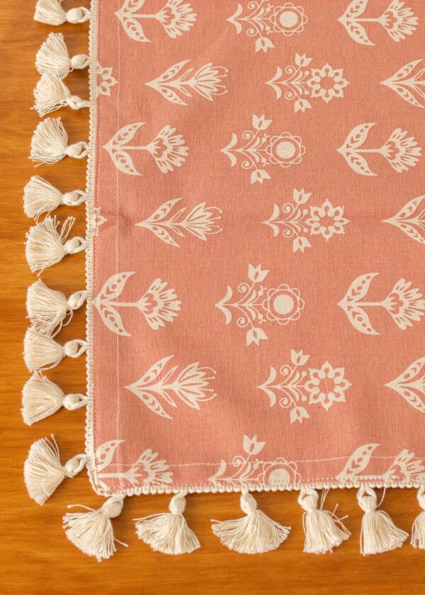 Dahlia floral prints with running tassle 100% cotton table cloth for 4 seater, 6 seater, 8 seater dining table - Mustard, Nile Blue, Rust