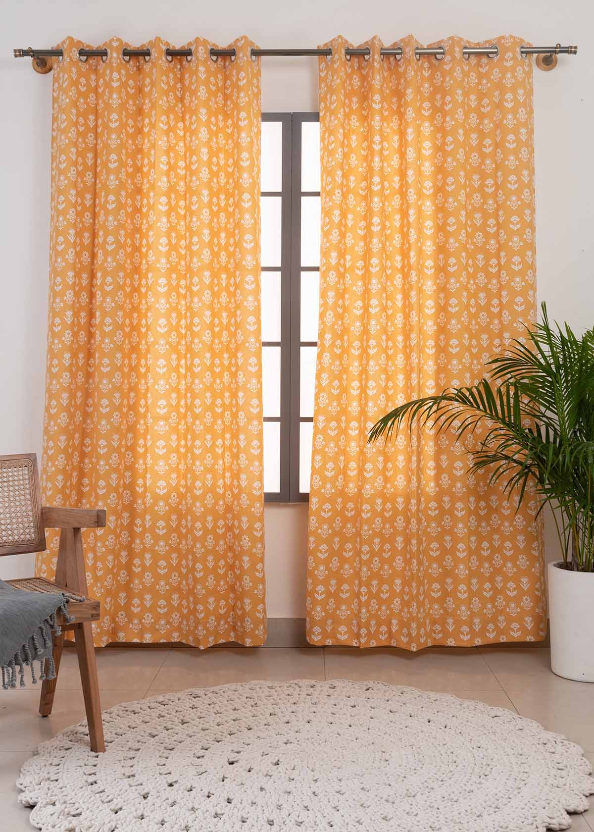 Dahlia floral printed 100% cotton curtain for Living room and Bed room - Room darkening - Mustard, Nile Blue and Rust