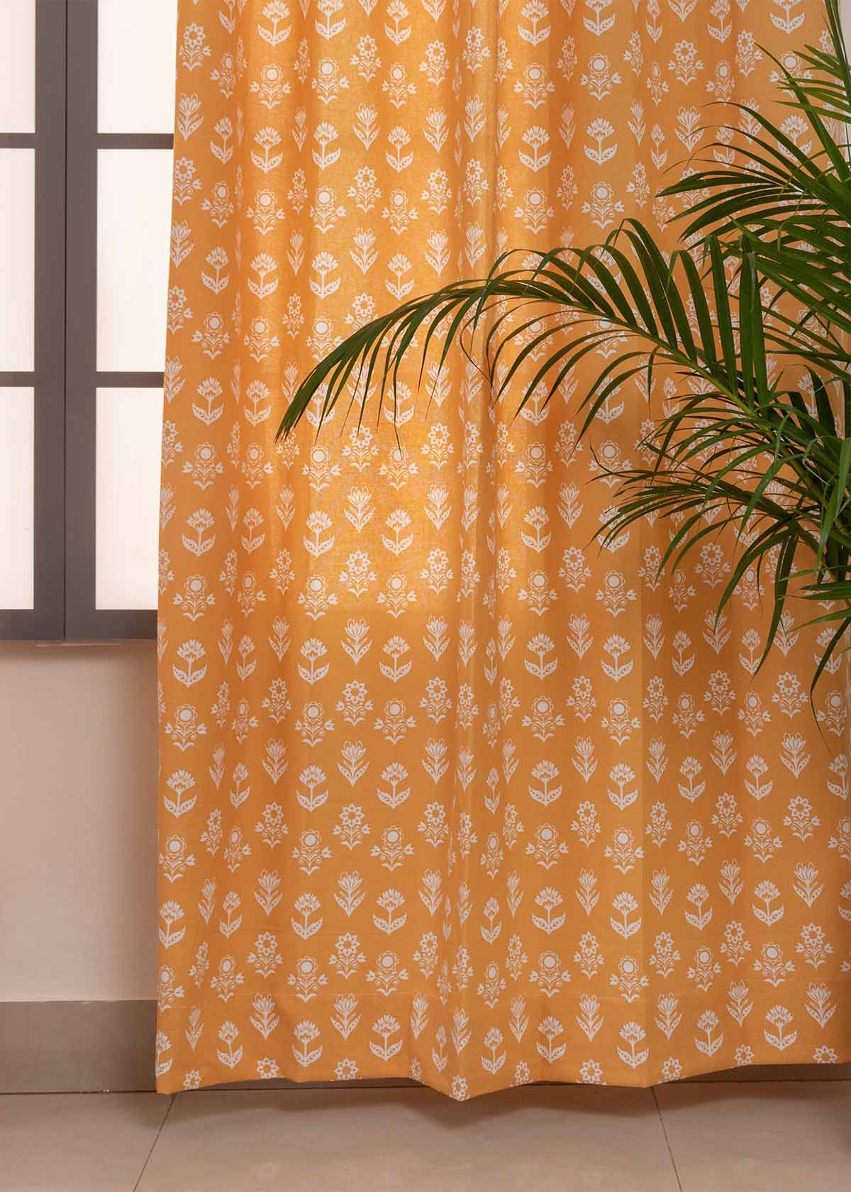 Dahlia floral printed 100% cotton curtain for Living room and Bed room - Room darkening - Mustard, Nile Blue and Rust