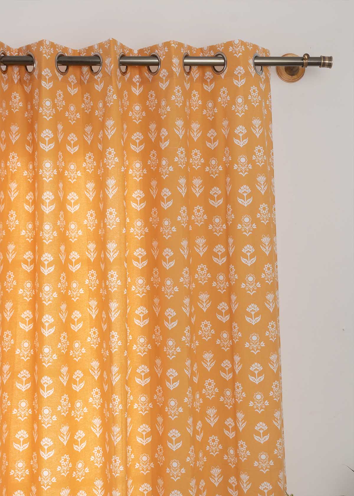 Dahlia floral printed 100% cotton curtain for Living room and Bed room - Room darkening - Mustard, Nile Blue and Rust