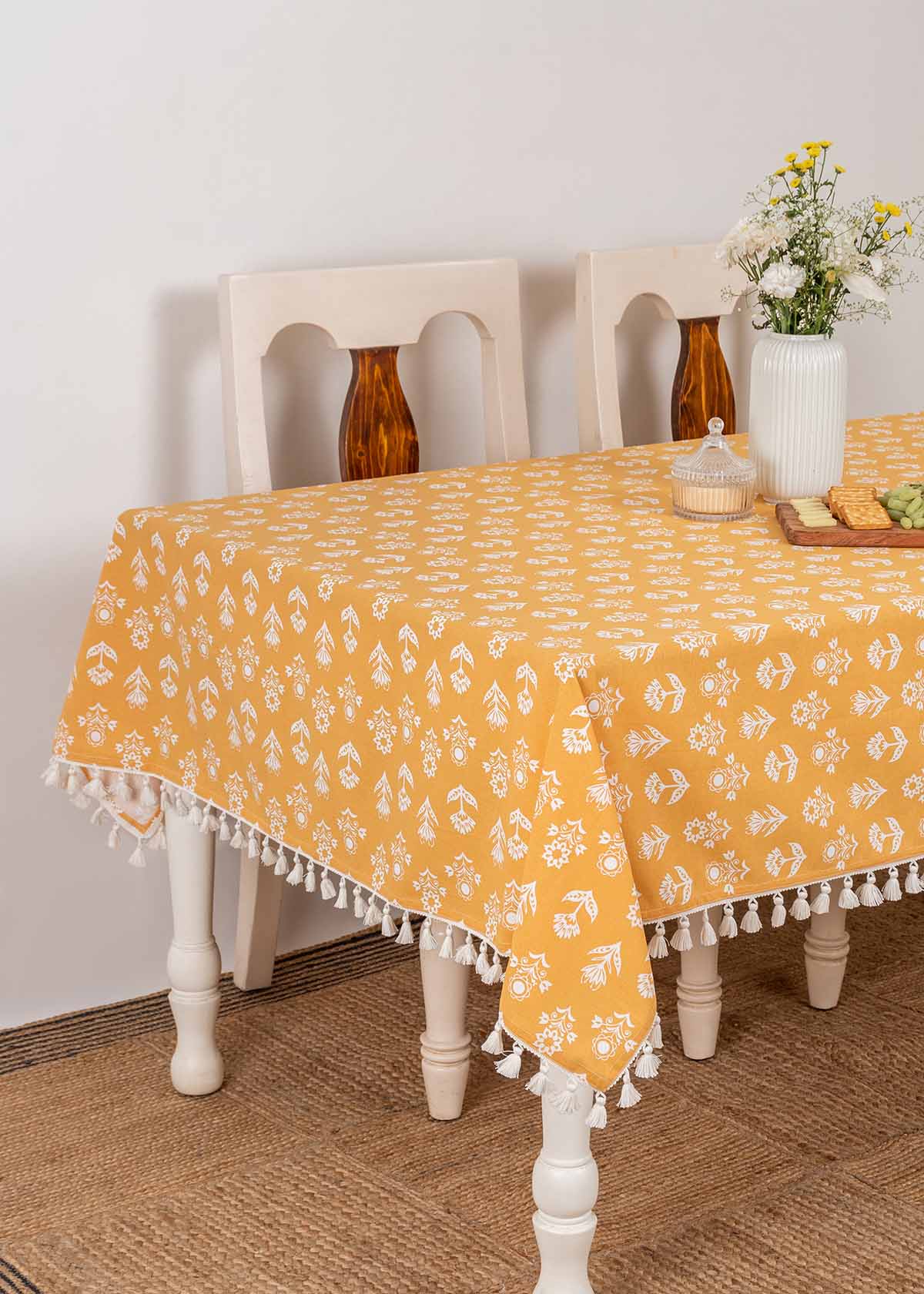 Dahlia floral prints with running tassle 100% cotton table cloth for 4 seater, 6 seater, 8 seater dining table - Mustard, Nile Blue, Rust