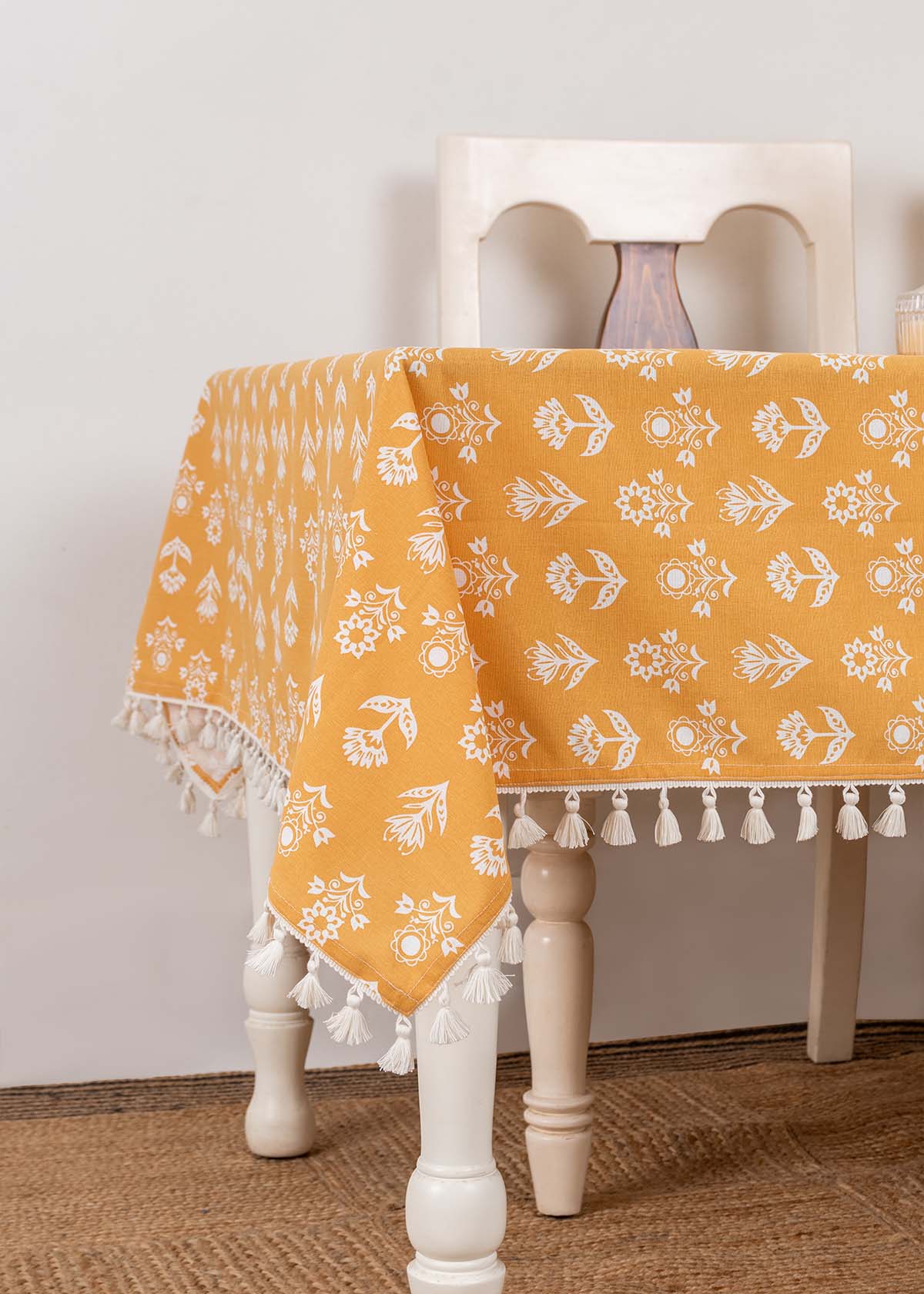 Dahlia floral prints with running tassle 100% cotton table cloth for 4 seater, 6 seater, 8 seater dining table - Mustard, Nile Blue, Rust