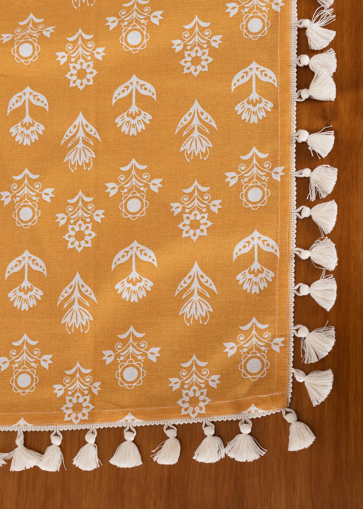 Dahlia floral prints with running tassle 100% cotton table cloth for 4 seater, 6 seater, 8 seater dining table - Mustard, Nile Blue, Rust