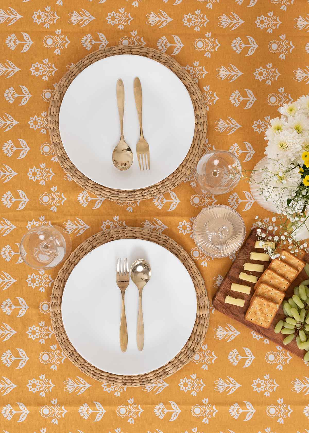 Dahlia floral prints with running tassle 100% cotton table cloth for 4 seater, 6 seater, 8 seater dining table - Mustard, Nile Blue, Rust