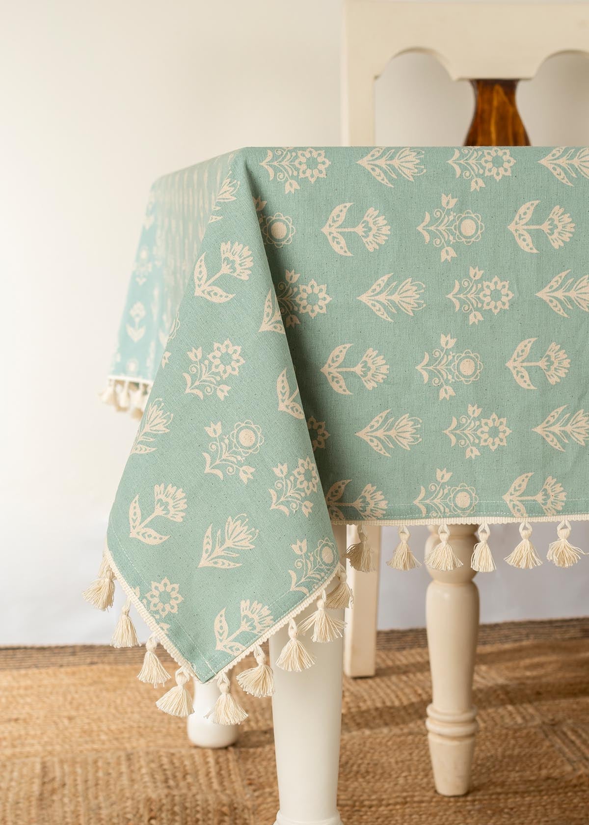 Dahlia floral prints with running tassle 100% cotton table cloth for 4 seater, 6 seater, 8 seater dining table - Mustard, Nile Blue, Rust