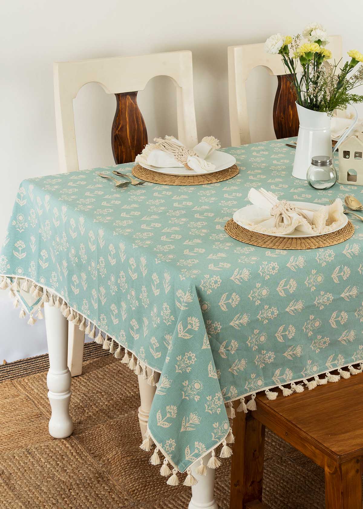 Dahlia floral prints with running tassle 100% cotton table cloth for 4 seater, 6 seater, 8 seater dining table - Mustard, Nile Blue, Rust
